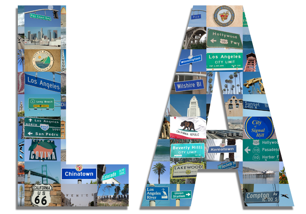 Los Angeles California » WhatCherithInks Large letter LA with a collage of Los Angeles pictures inside.