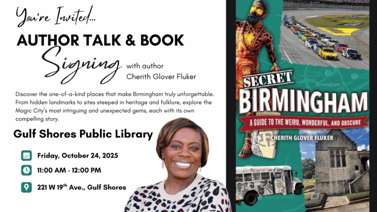 event flyer for Author talk at Gulf Shores Library