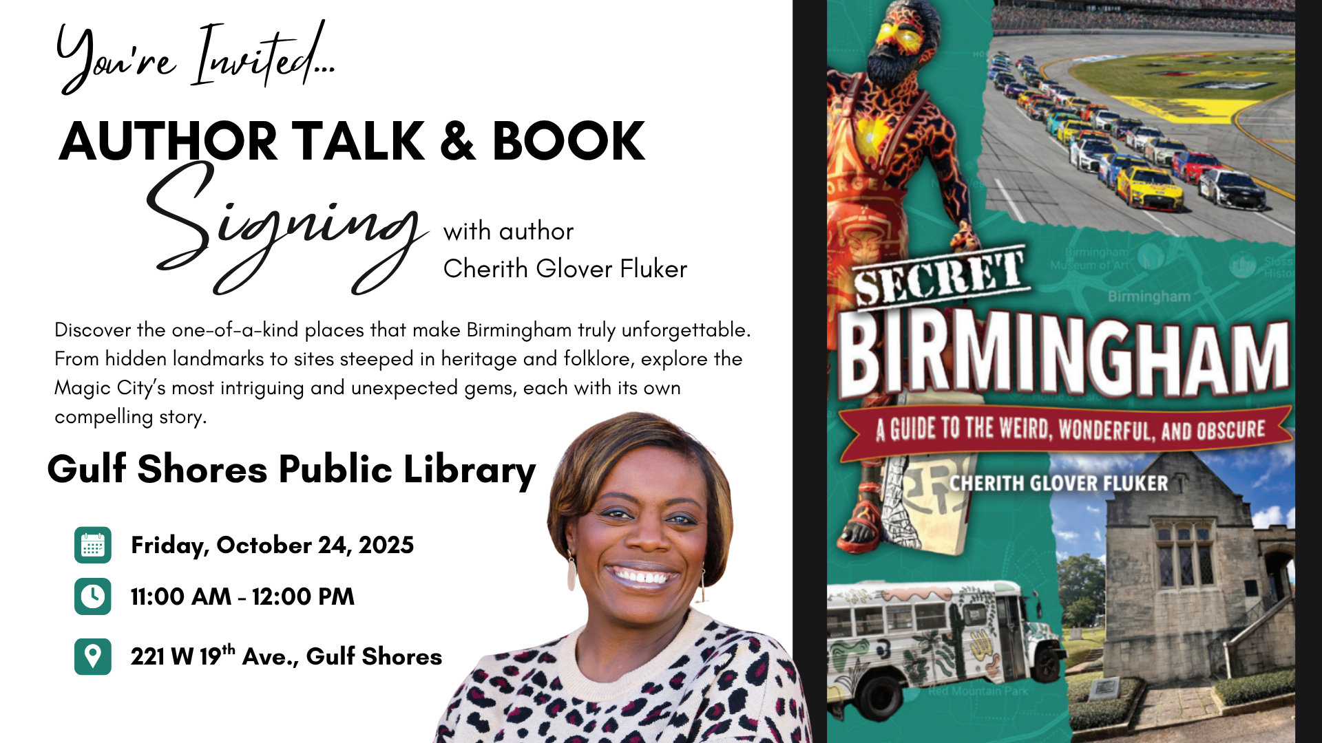 event flyer for Author talk at Gulf Shores Library
