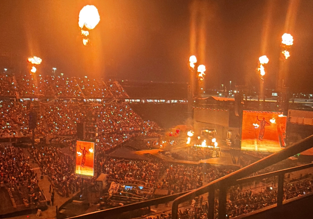 Pyrotechnics and fire effects light up the crowd during the R&B Tour concert at Protective Stadium in Birmingham.